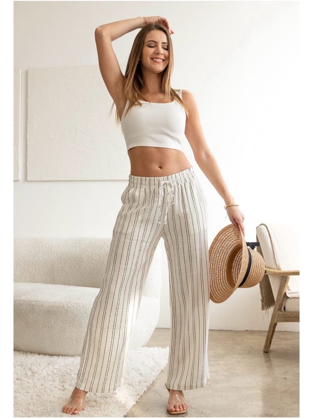 Striped Linen Wide-Leg Pants - Cream Cali1850 - Small